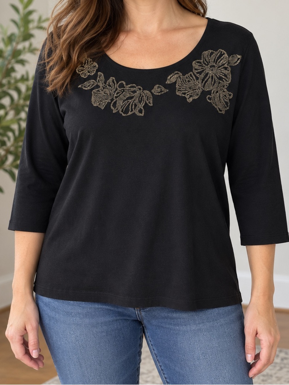 Rebecca Malone Black Scoop Neck Top with Metallic Floral Embroidery